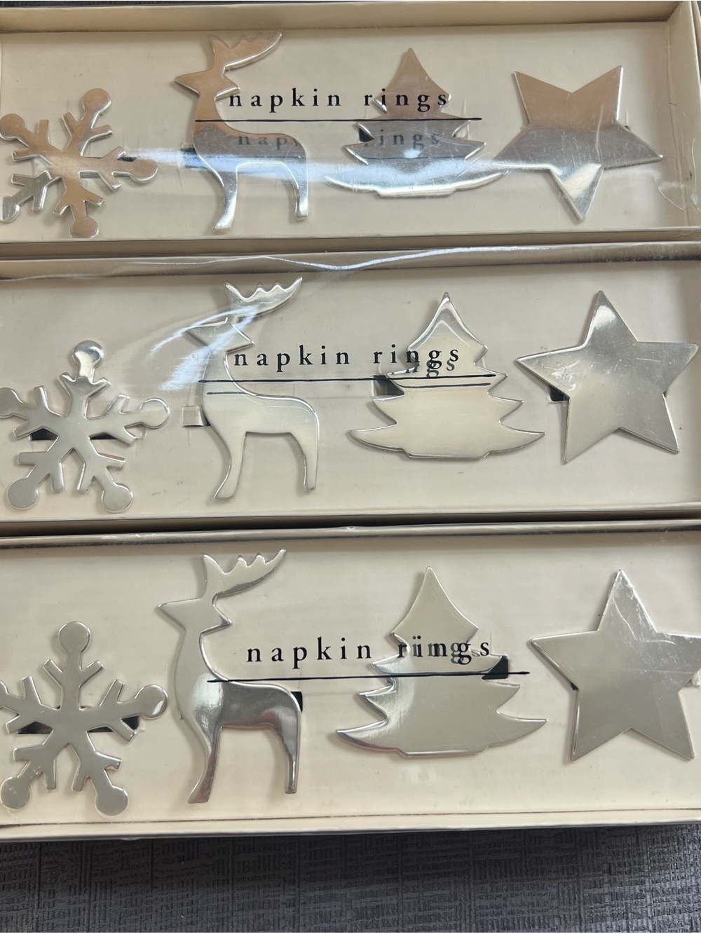 VTG Pier 1 Imports Silver Christmas Napkin Rings Set of 12 Reindeer Snowflake
